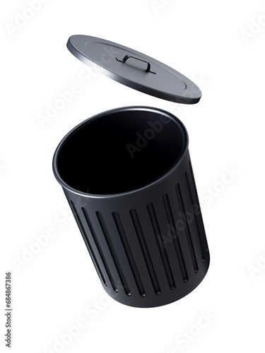 Black open bucket or container with lid floating on transparent background, waste, copy space. Sign or symbol. 3D render