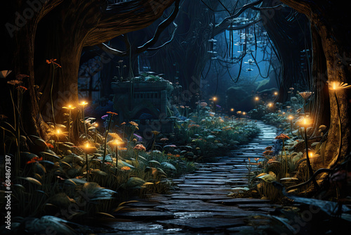 A path through a dark forest with fairy lights