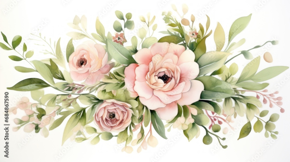Bouquet of flowers. Hand drawn watercolor illustration isolated on white background. Generative AI