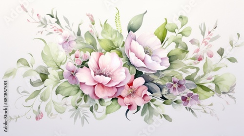 Beautiful vector watercolor floral bouquet with peony, roses and anemone Generative AI © Alex