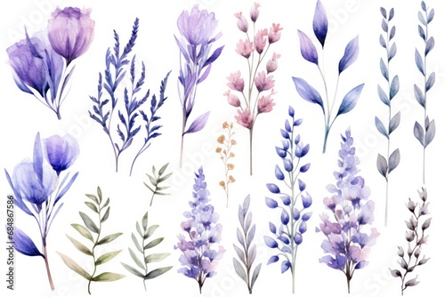 Watercolor flowers set. Hand painted floral elements. Isolated on white background. Generative AI