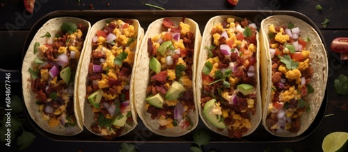 Overhead shot of breakfast tacos, including sausage, scrambled eggs, bacon, and avocado.