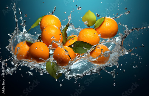 Orange juice, orange water splash, blue background