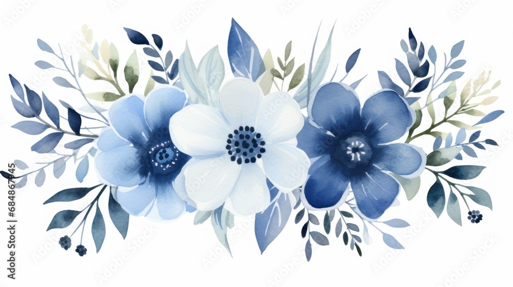 Watercolor blue and white anemone flowers. Hand painted floral illustration isolated on white background. Generative AI