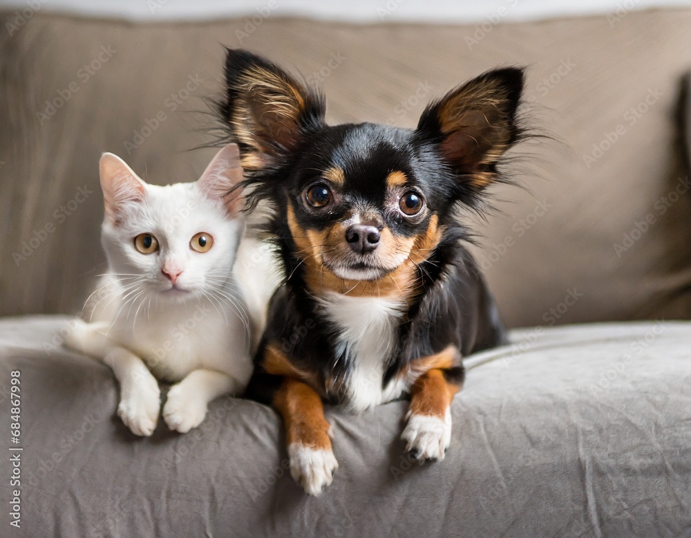 Adorable chihuahua and white kitten lying together on the couch looking at camera. Generative AI