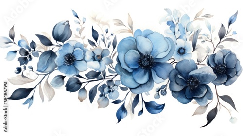 Watercolor blue flowers. Hand painted illustration. Floral composition. Generative AI