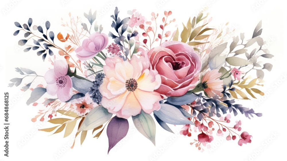 Beautiful vector watercolor bouquet with flowers. Illustration. Generative AI