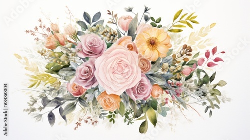 Watercolor floral bouquet on white background. Hand painted illustration. Generative AI