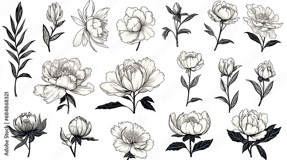 Collection of peony flowers drawn in black lines. - obrazy, fototapety, plakaty 