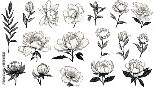 Collection of peony flowers drawn in black lines. photo