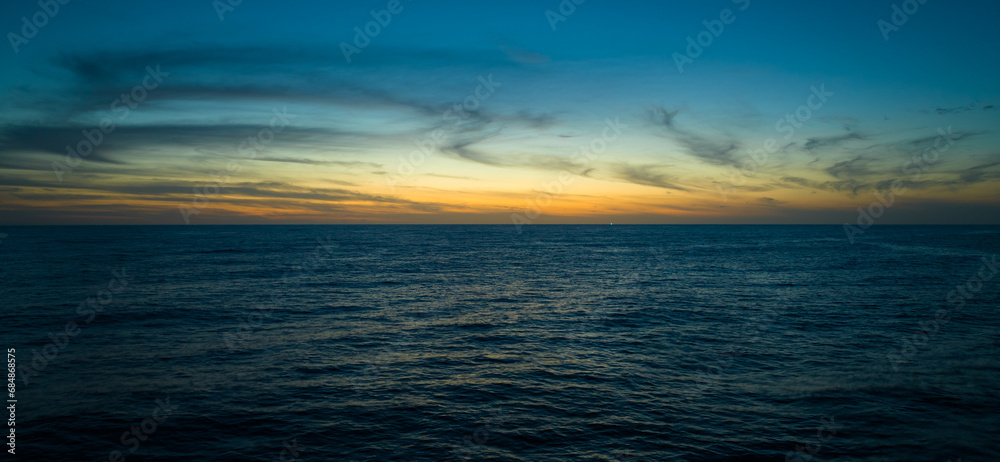 Amazing sunset or sunrise sky over sea landscape,Beautiful colorful light of nature seascape background,Drone aerial view ocean background