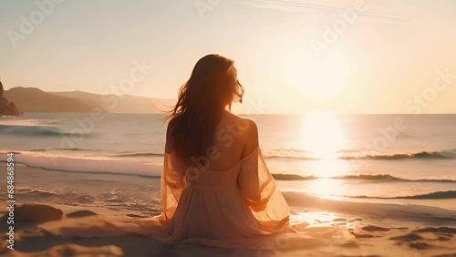 sunbaked Mediterranean beach setting for adult woman, evidently from Eastern Asia, practicing mindful meditation. In solitude, she seems lost in process of selfactualization, journey to connect photo