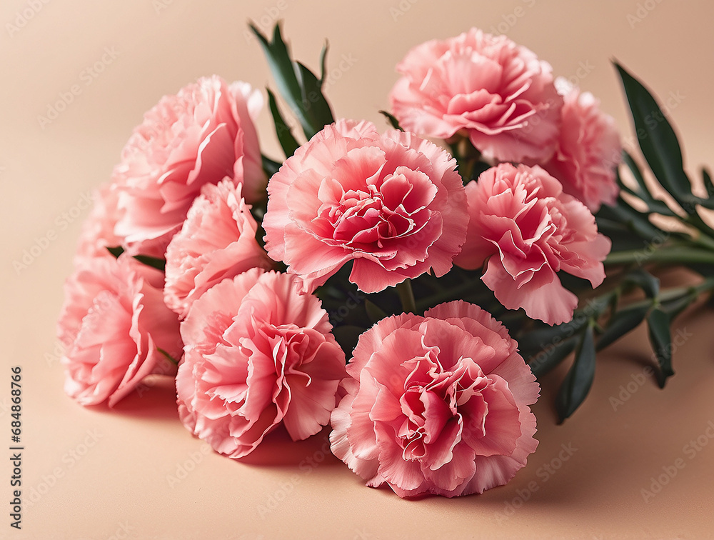 Pink carnation flowers bouquet on tan background with deep sunlight shadows. Flat lay, top view floral composition AI=generative Pink carnation flowers bouquet on tan background with deep sunlight shadows. Flat lay, top view floral composition AI=generative