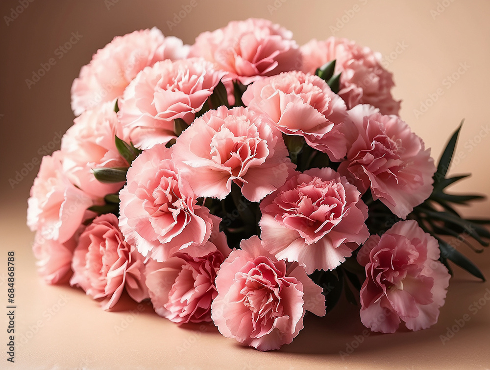 Pink carnation flowers bouquet on tan background with deep sunlight shadows. Flat lay, top view floral composition AI=generative Pink carnation flowers bouquet on tan background with deep sunlight shadows. Flat lay, top view floral composition AI=generative