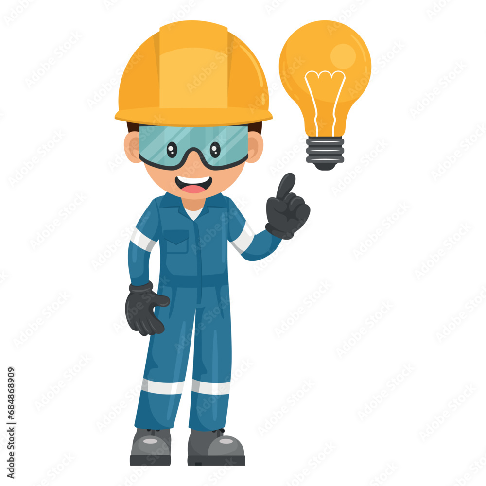 Industrial mechanic worker with a light bulb. Creative concept for the generation of ideas. Engineer with his personal protective equipment. Industrial safety and occupational health at work Industrial mechanic worker with a light bulb. Creative concept for the generation of ideas. Engineer with his personal protective equipment. Industrial safety and occupational health at work