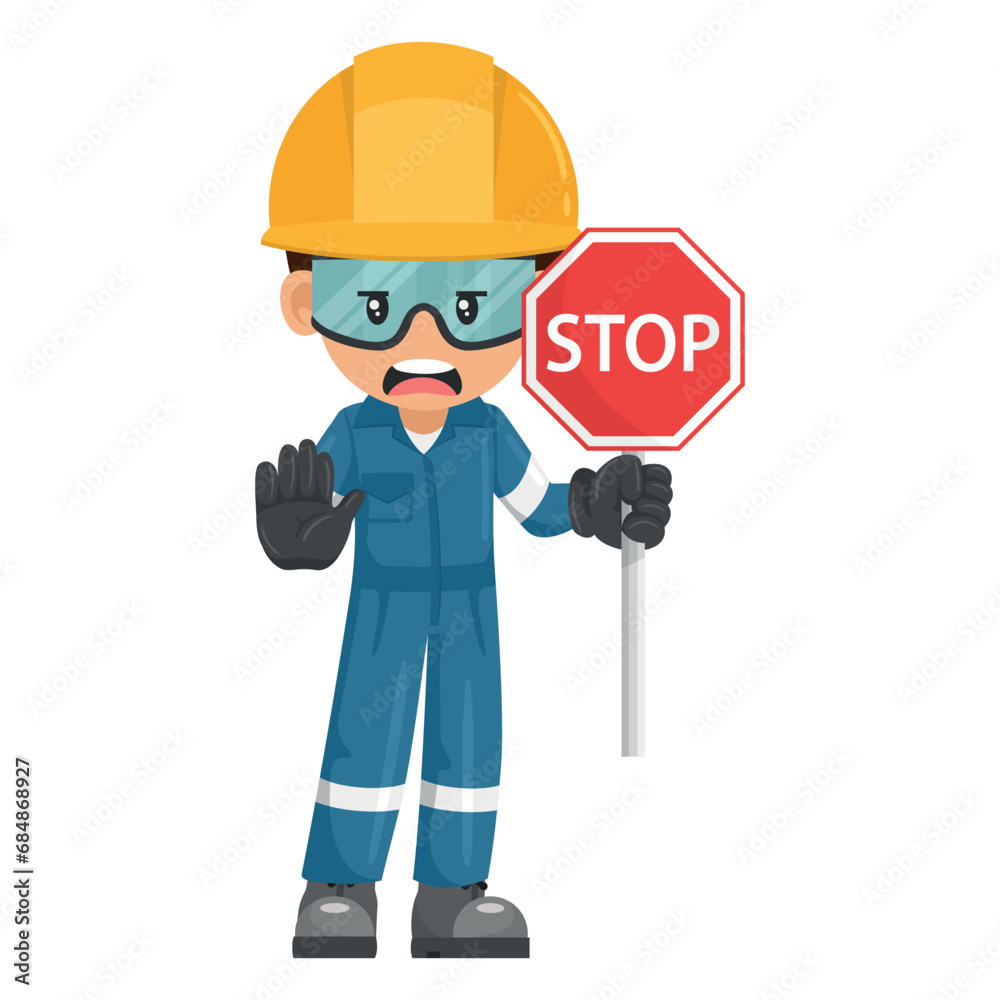 Annoyed industrial mechanic worker with stop sign. Engineer with his personal protective equipment. Safety first. Industrial safety and occupational health at work Annoyed industrial mechanic worker with stop sign. Engineer with his personal protective equipment. Safety first. Industrial safety and occupational health at work