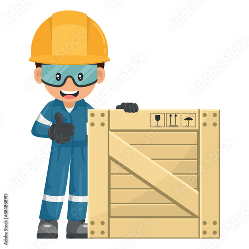 Industrial mechanic worker with thumb up with wooden box for delivery, storage and shipping. Engineer with his personal protective equipment. Industrial safety and occupational health at work
