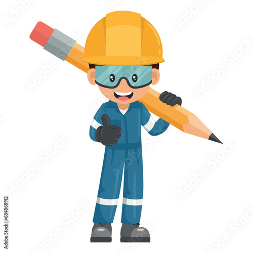 Industrial mechanic worker with giant pencil with thumb up. Creative concept for project management. Engineer with his personal protective equipment. Industrial safety and occupational health at work