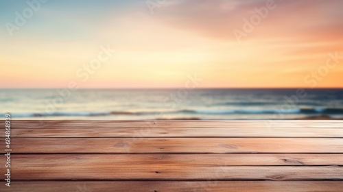 The empty wooden table top with blur background of sea on sunrise, Advertisement, Print media, Illustration, Banner, for website, copy space, for word, template, presentation © Space_Background