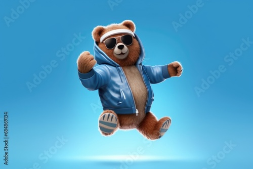 bear in jump sporting a cool blue hoodie and sunglasses exudes upbeat energy