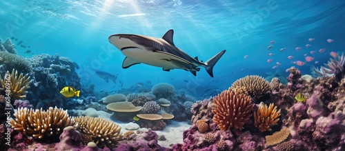 Observing a healthy coral reef with a swimming white-tip reef shark. photo