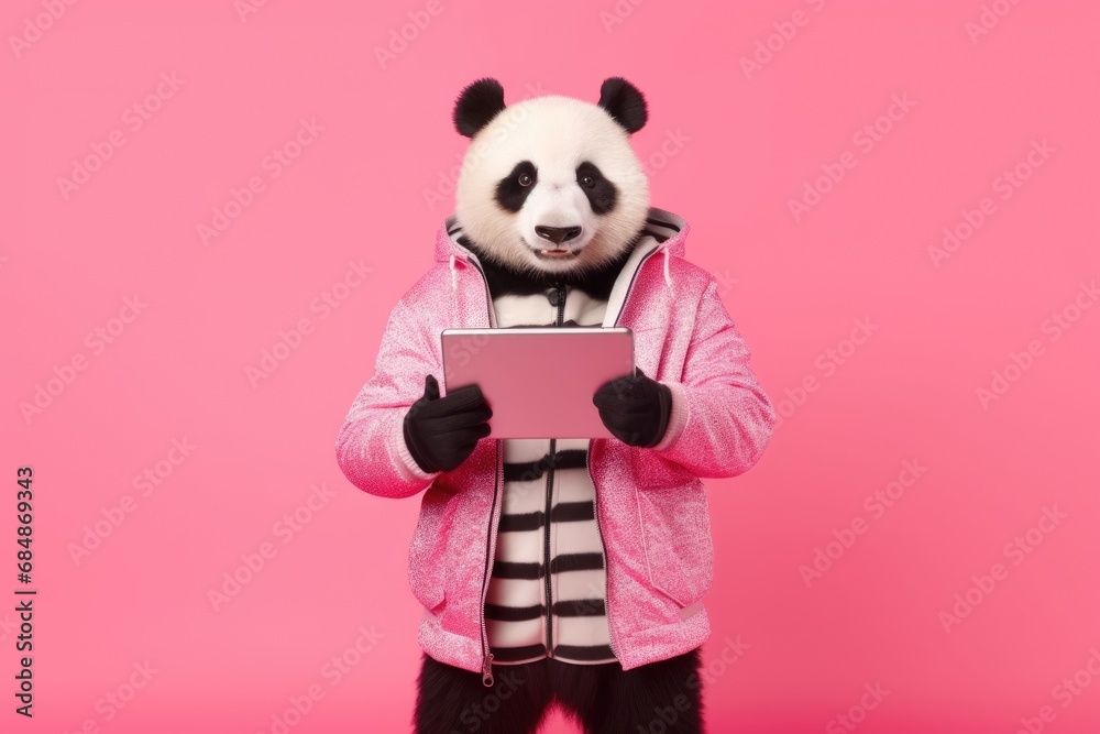 Panda with Tablet on Luminous pink Backdrop Panda with Tablet on Luminous pink Backdrop
