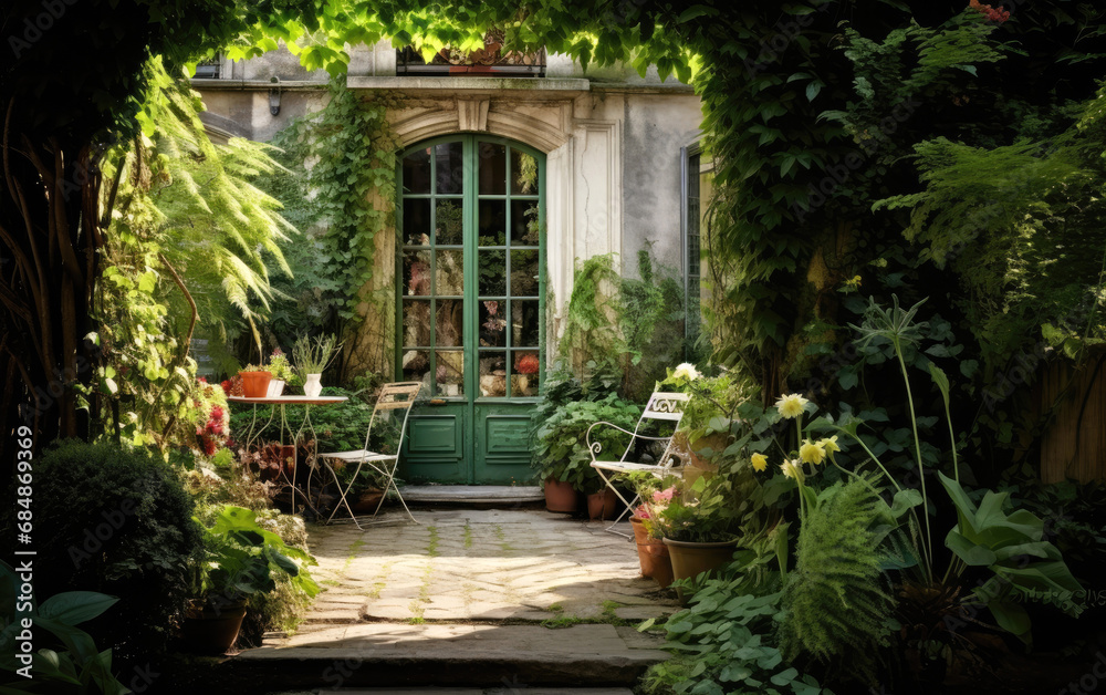 Backyard garden with door at soft summerday Backyard garden with door at soft summerday