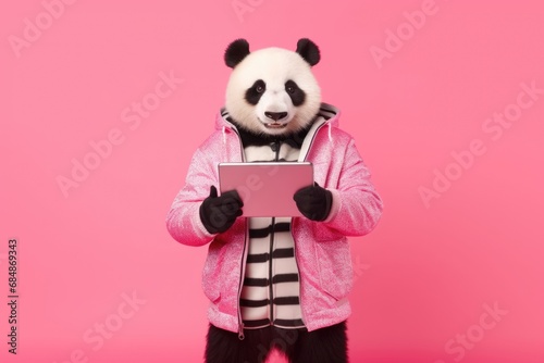 Panda with Tablet on Luminous pink Backdrop © gankevstock