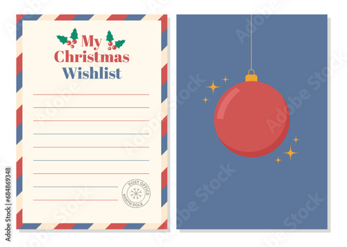 Christmas wish list template. Colorful wishlist and greeting card with holiday elements. Blank wishlist with stamp and frame. Isolated on white background. Vector illustration.