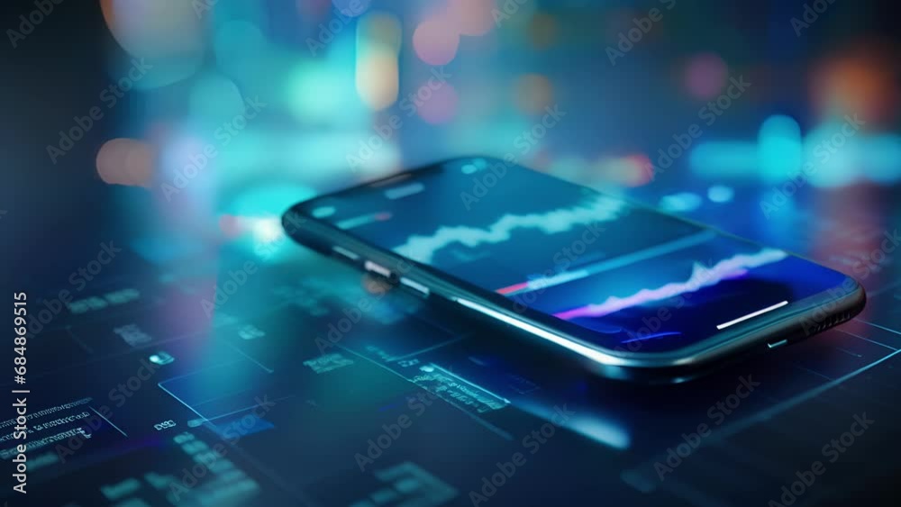 A digital chart of stock market trends on a mobile phone screen, with a holographic display and a cool blue color palette representing modern technology.
