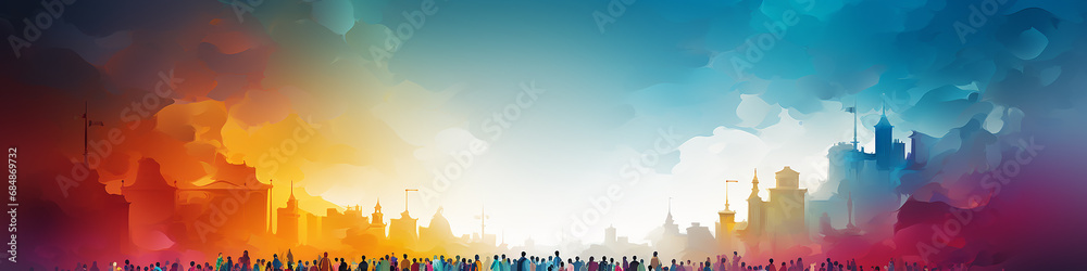 multicolored crowd, a row of silhouettes of people , drawing watercolor style multicultural society, long narrow panoramic view multicolored crowd, a row of silhouettes of people , drawing watercolor style multicultural society, long narrow panoramic view