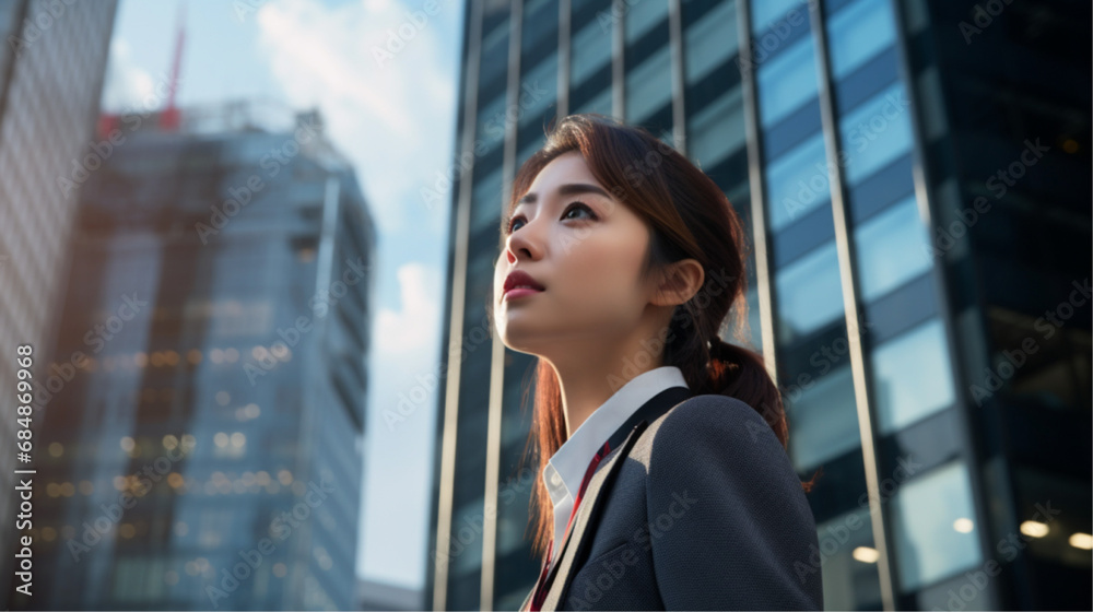 ビルを見つめる若手の女性社員 ビルを見つめる若手の女性社員