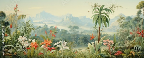 Watercolor pattern wallpaper. Painting of a jungle landscape.