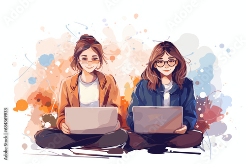 Teenagers Studying in Pastel Hues - simple vector illustration pastel watercolor color style