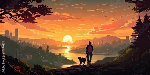 man is walking along an urban park at sunset with a dog near him