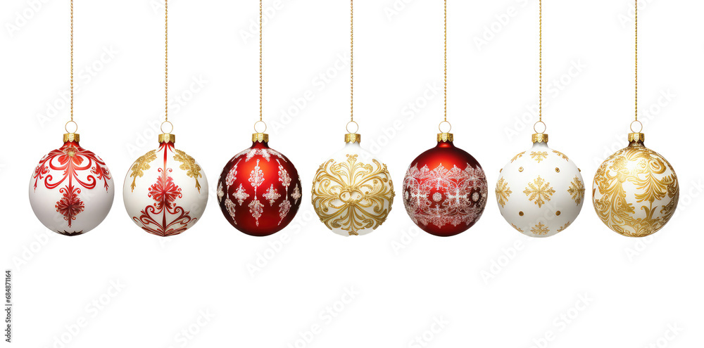 an assortment of christmas ornaments with different style ornaments, isolated on white