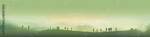 green planet, long narrow panoramic view row of abstract silhouettes of people against a green eco landscape, eco-friendly © kichigin19