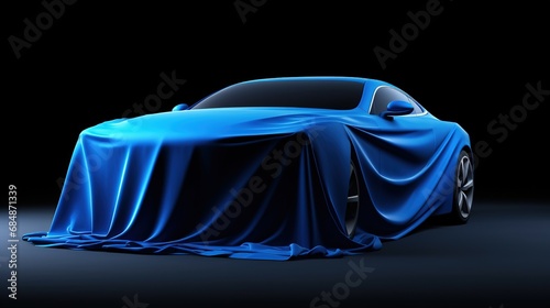 Luxury car covered with fabric on blue background