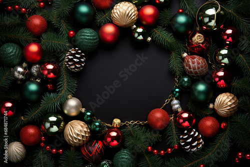 A christmas wreath with ornaments around it created with generative AI technology