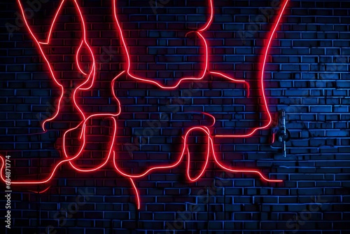 Neon light on brick walls that are not plastered background and texture. Lighting effect red and blue neon background photo