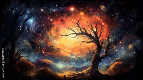 fairytale illustration of the tree of life of the universe  the image of a large old tree against the background of space and the dark sky among the stars and galaxies