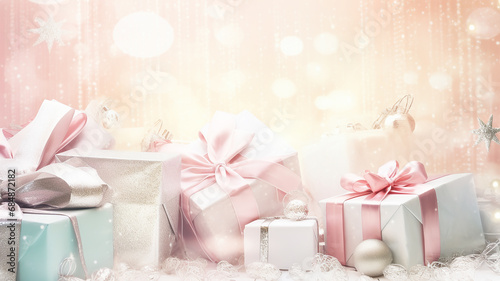 christmas gifts in boxes with ribbons delicate soft light pink pastel background new Year greeting card
