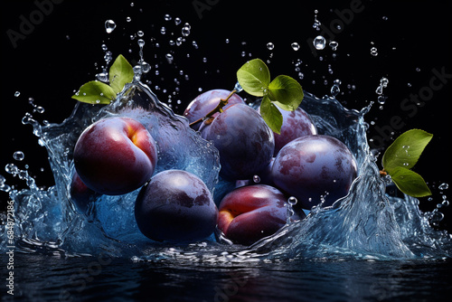 Ripe plums in splashes of water on a dark background. Generative AI.