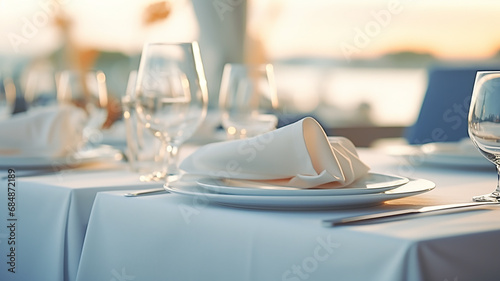 table setting in the restaurant interior light blue tones mediterranean style