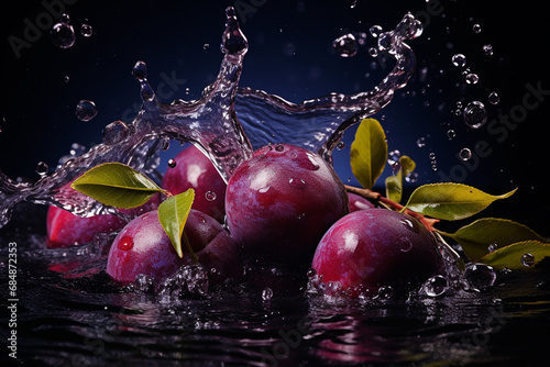 Ripe plums in splashes of water on a dark background. Generative AI.
