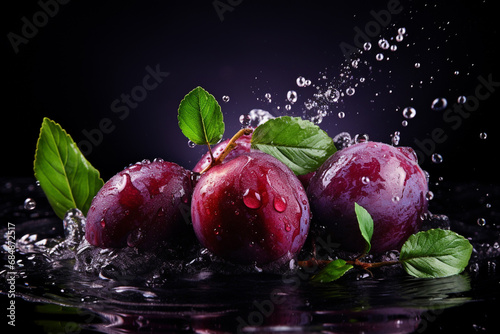 Ripe plums in splashes of water on a dark background. Generative AI.