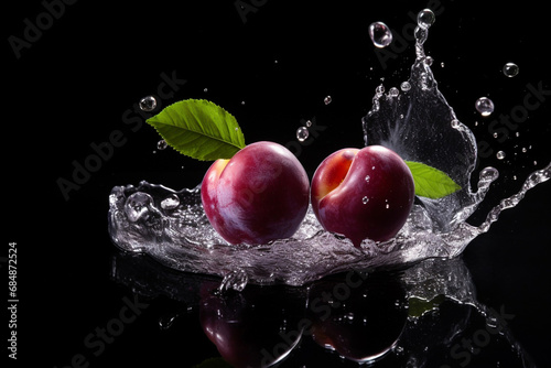 Ripe plums in splashes of water on a dark background. Generative AI.