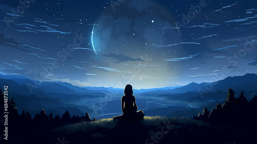 the girl is sitting and watching the starry sky, night fantasy view from the back, abstract graphic illustration