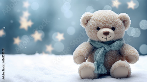Winter banner with teddy bear wearing a cute scarf and hat. Snowing, Christmas. © Jacques Evangelista