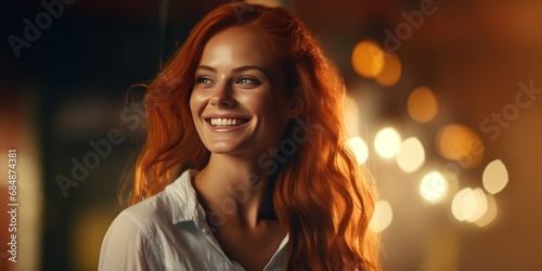 woman with red hair smiling, in the style of flickering light, generative AI